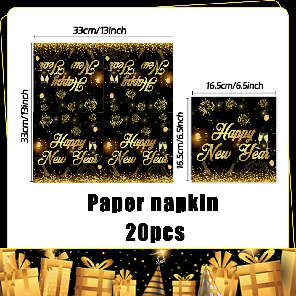 2026  Happy New Year Eve Party Decorations Black And Gold Disposable Tableware 2026 Number Balloons Family Gathering Backdrop