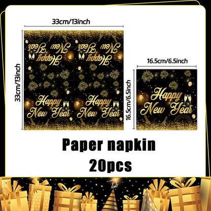 2026  Happy New Year Eve Party Decorations Black And Gold Disposable Tableware 2026 Number Balloons Family Gathering Backdrop