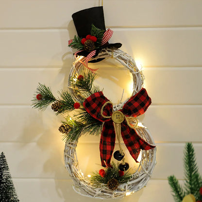 Christmas Snowman Wreath Garland Led Light Door Decoration Artificial Home Window Wall Background Door Hanging Luminous Ornament