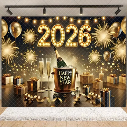 2026  Happy New Year Eve Party Decorations Black And Gold Disposable Tableware 2026 Number Balloons Family Gathering Backdrop