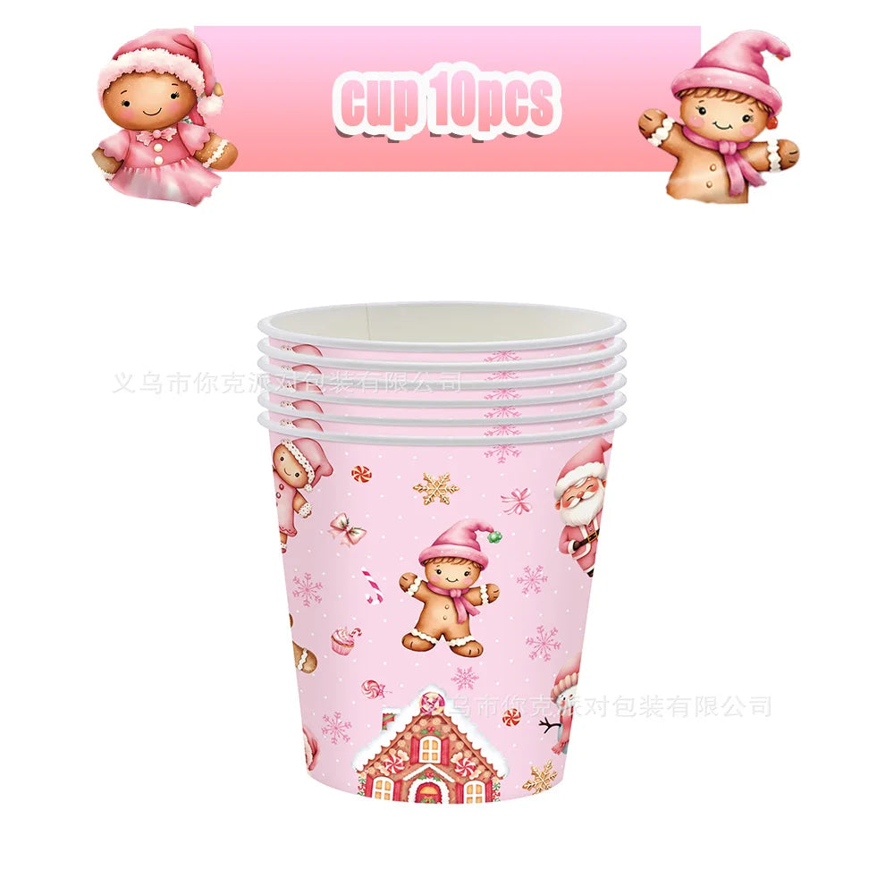 Merry Christmas Party Supplies Disposable Tableware Set Pink Gingerbread Plates Cups Banner Napkin New Year Backdrop Room Decor
