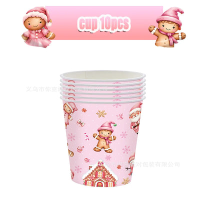 Merry Christmas Party Supplies Disposable Tableware Set Pink Gingerbread Plates Cups Banner Napkin New Year Backdrop Room Decor