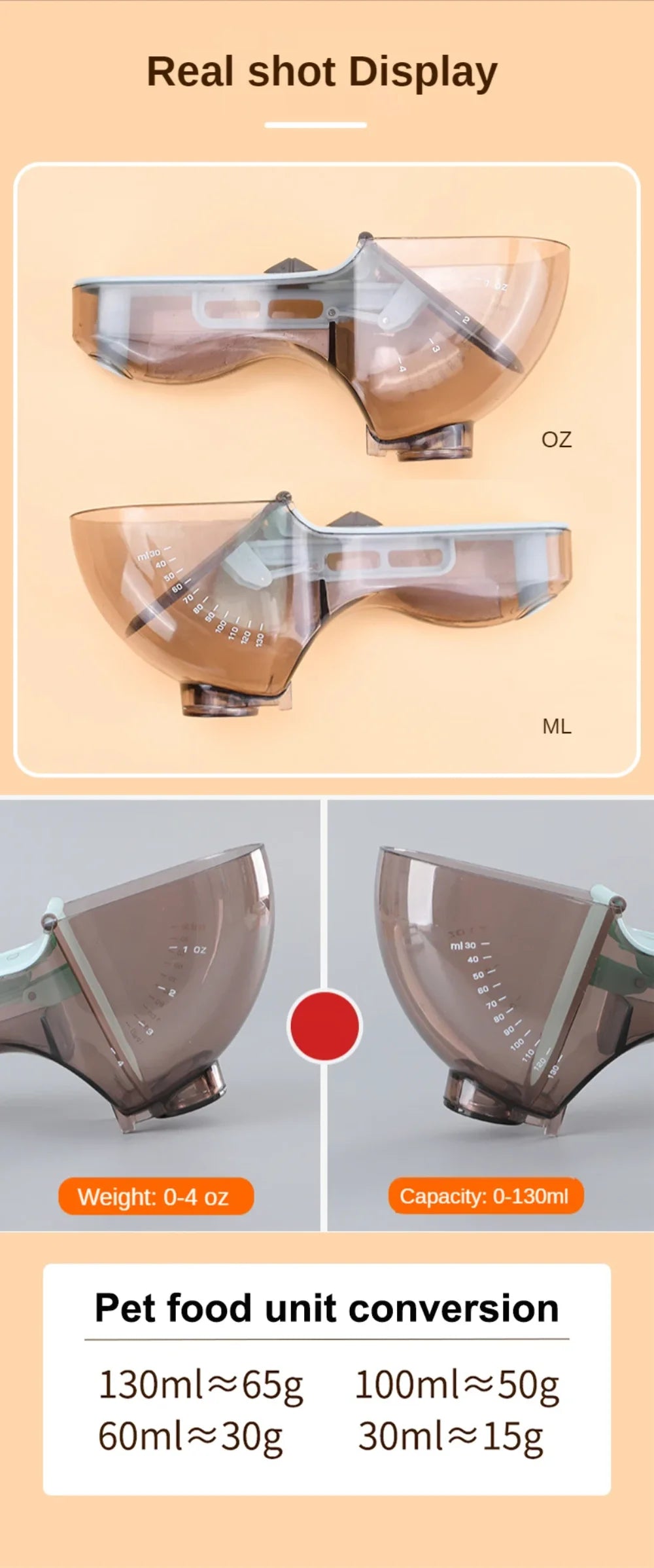 Dog Food Scoop with Measuring Scale, 1/2 Cup Adjustable Pet Food Measuring Cup for Dog Cat, Easy to Clean, Multi-use