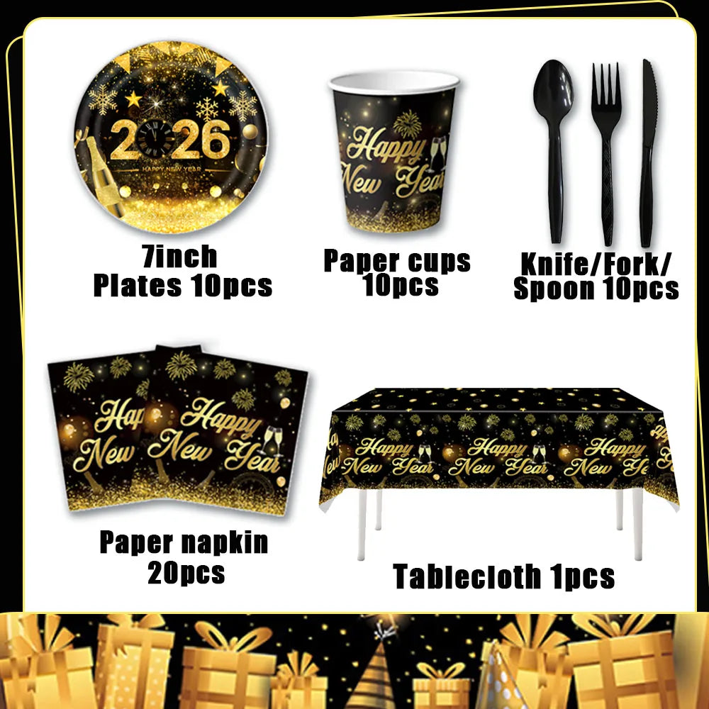 2026  Happy New Year Eve Party Decorations Black And Gold Disposable Tableware 2026 Number Balloons Family Gathering Backdrop