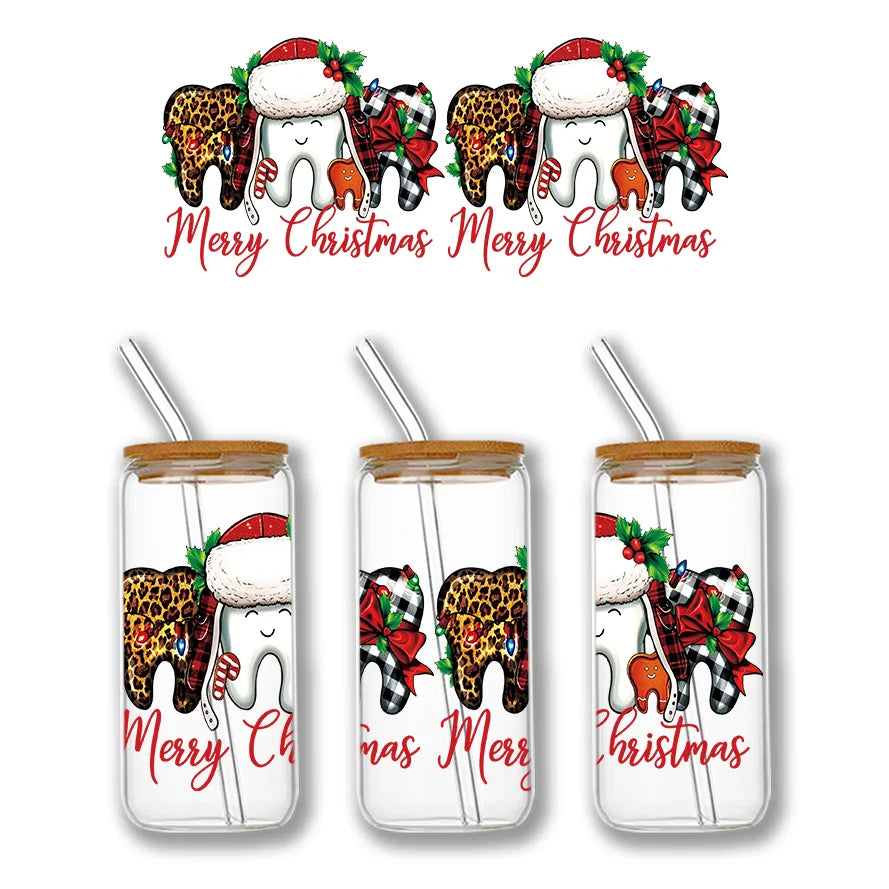 Christmas Design 3D UV DTF Wraps Stickers Cute Wraps .For 16 OZ Glass Libbey Selfadhesive Washable DIY Custom Cups Wrap Stickers