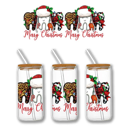 Christmas Design 3D UV DTF Wraps Stickers Cute Wraps .For 16 OZ Glass Libbey Selfadhesive Washable DIY Custom Cups Wrap Stickers
