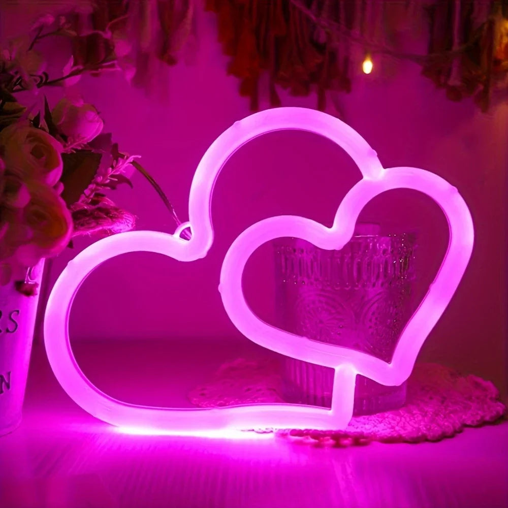 Double Heart Neon Wall Decor, USB/2A Battery Powered, Perfect for Bedroom, Kids' Room & Game Room Decoration, Unique Festival Gi