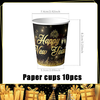 2026  Happy New Year Eve Party Decorations Black And Gold Disposable Tableware 2026 Number Balloons Family Gathering Backdrop