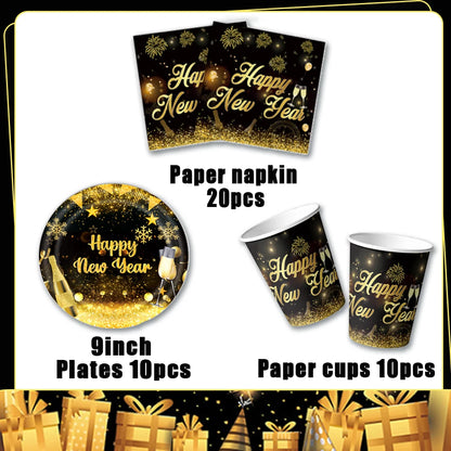 2026  Happy New Year Eve Party Decorations Black And Gold Disposable Tableware 2026 Number Balloons Family Gathering Backdrop