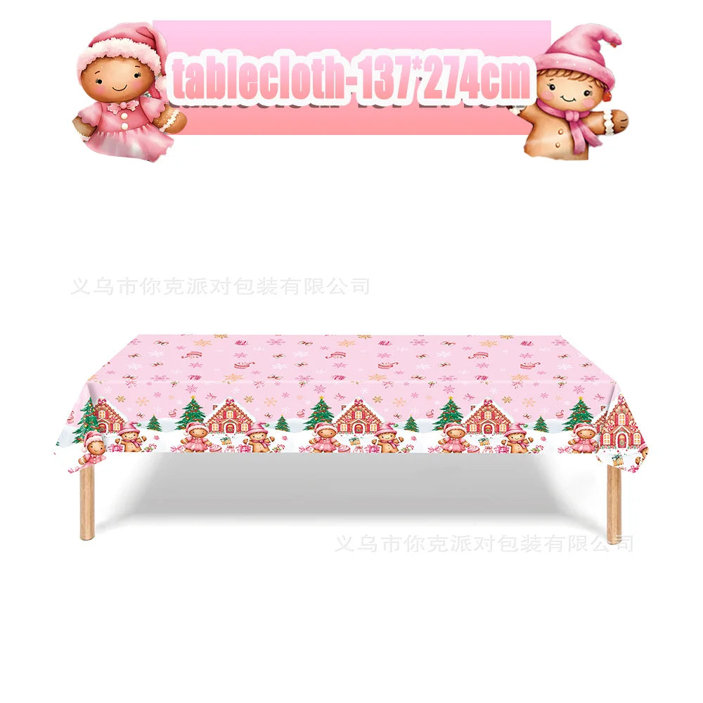 Merry Christmas Party Supplies Disposable Tableware Set Pink Gingerbread Plates Cups Banner Napkin New Year Backdrop Room Decor