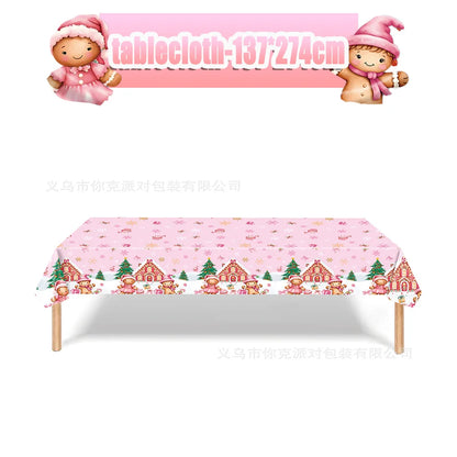 Merry Christmas Party Supplies Disposable Tableware Set Pink Gingerbread Plates Cups Banner Napkin New Year Backdrop Room Decor