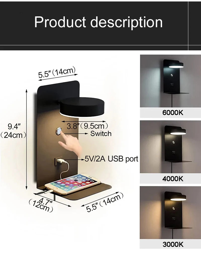 LED Wall Light Interior  Mobile Phone Charging USB Wall Lamps With Switch Bedroom Bedside Reading Lights Decoration Living Room