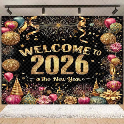 2026  Happy New Year Eve Party Decorations Black And Gold Disposable Tableware 2026 Number Balloons Family Gathering Backdrop