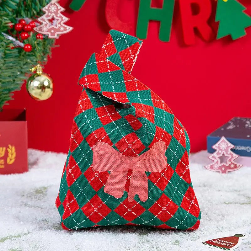 Christmas Festival Knitted Gift Bag Handheld Candy Bag Women Mini Knot Wrist Bag Cute Knitted Tote Bag Reusable Shopping Bags