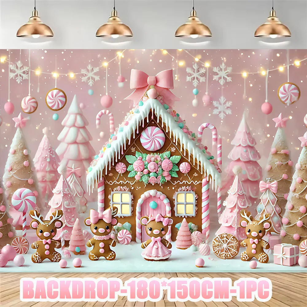 Merry Christmas Party Supplies Disposable Tableware Set Pink Gingerbread Plates Cups Banner Napkin New Year Backdrop Room Decor