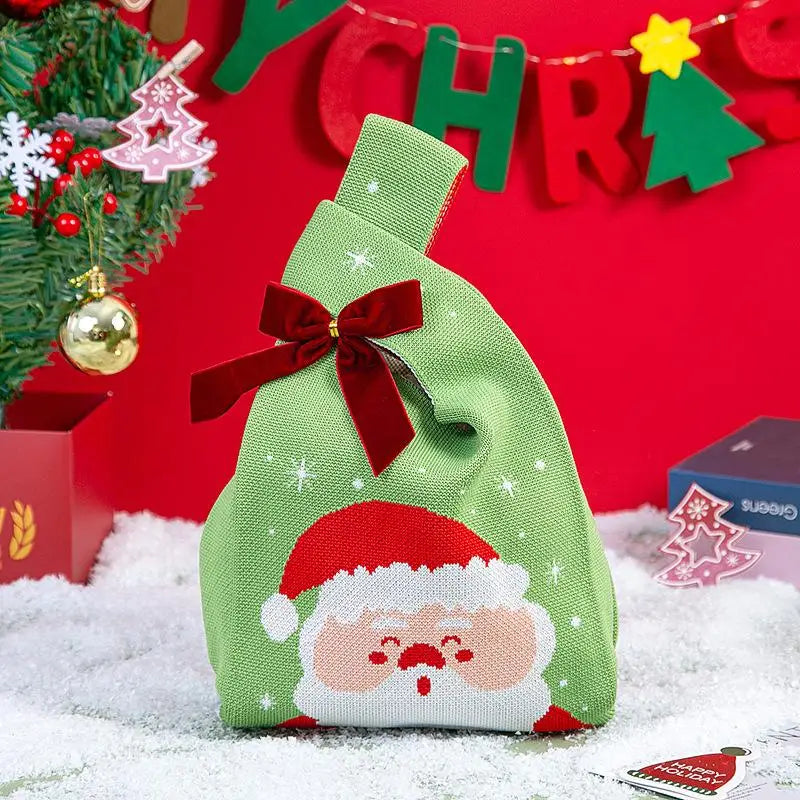 Christmas Festival Knitted Gift Bag Handheld Candy Bag Women Mini Knot Wrist Bag Cute Knitted Tote Bag Reusable Shopping Bags