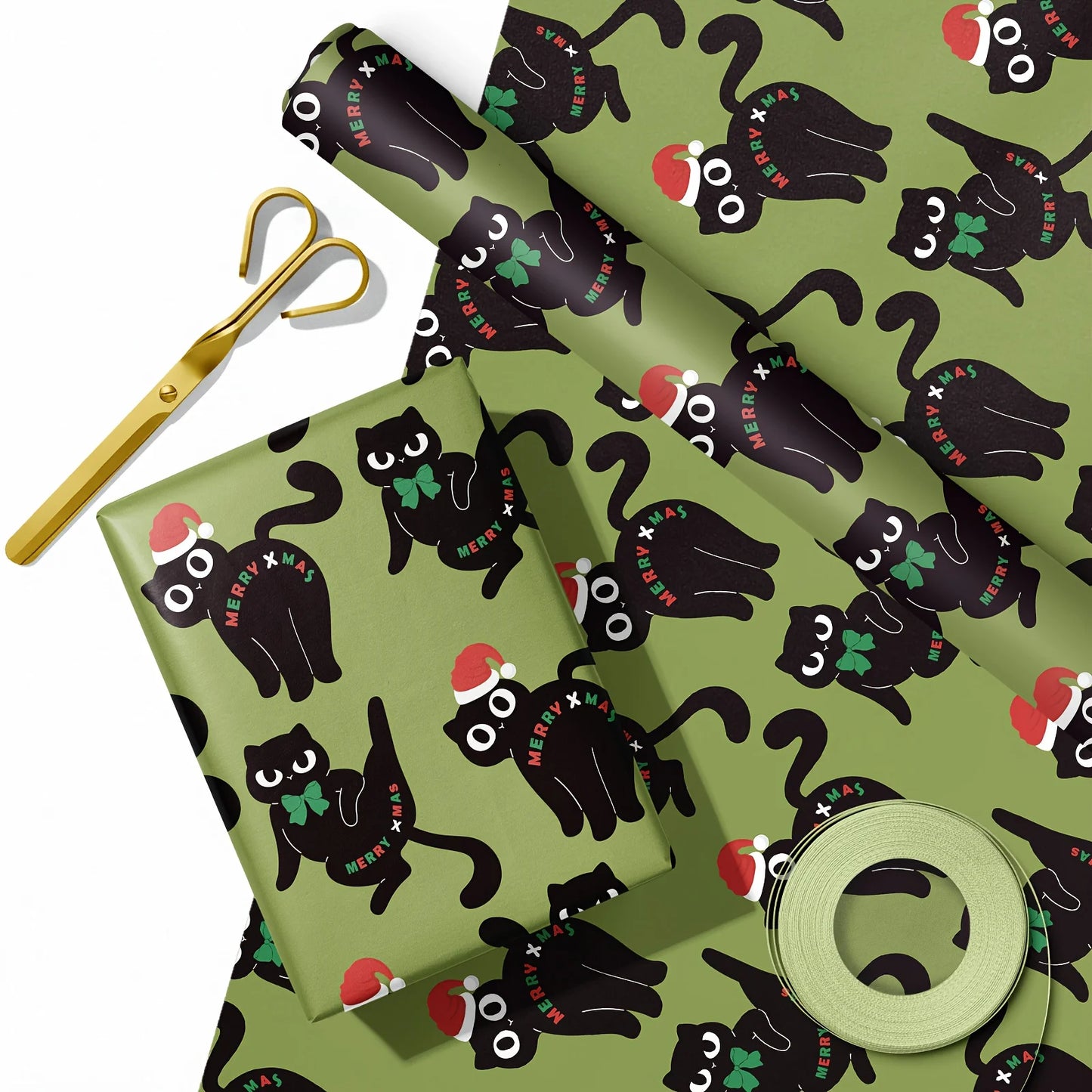 1 Roll Christmas Wrapping Paper Green Background Black Cat Santa Hat 43cm x 500cm for Gift Wrapping Holiday Decor FestiveJoy Use