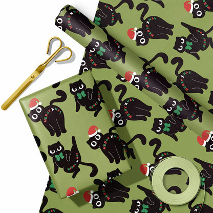 1 Roll Christmas Wrapping Paper Green Background Black Cat Santa Hat 43cm x 500cm for Gift Wrapping Holiday Decor FestiveJoy Use
