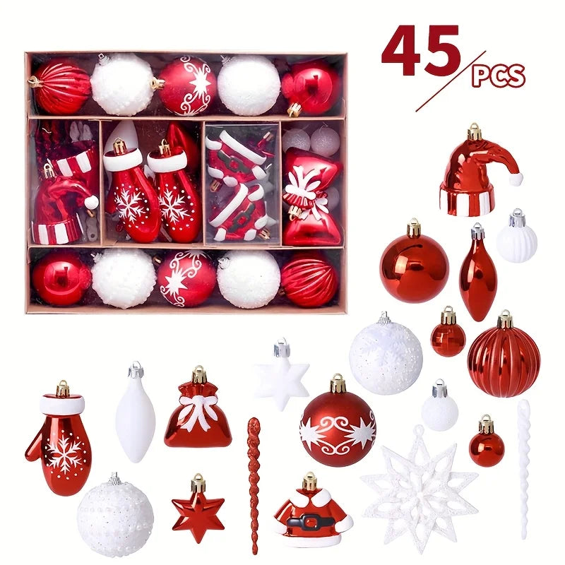 45pcs Christmas Ornaments Set: Red & White Snowman, Santa Hats & Bells.Perfect Plastic Hanging Decor for Holiday Parties & Tree!