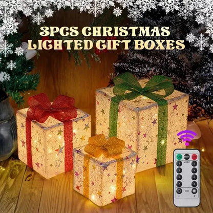 3PCS Set Christmas Gift Box Christmas Decor Luminous Bow Holiday Lighted Up Christmas Tree Holiday Party Indoor Outdoor Decor
