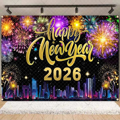 2026  Happy New Year Eve Party Decorations Black And Gold Disposable Tableware 2026 Number Balloons Family Gathering Backdrop