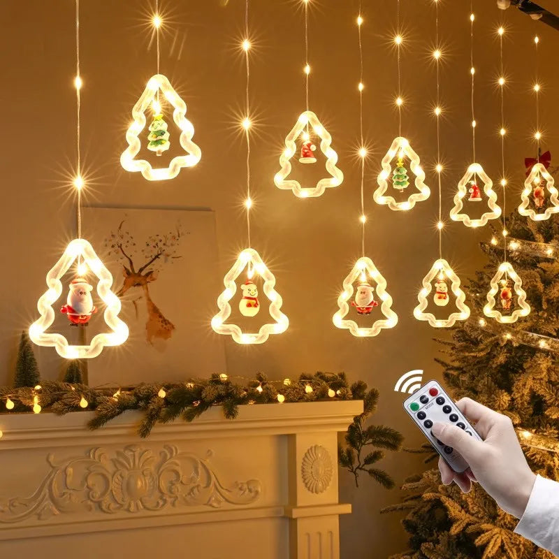 Christmas Decorations LED Curtain String Lights Cute Xmas Tree Santa Claus Pendants Lamp for Home Garden Party New Year Decor