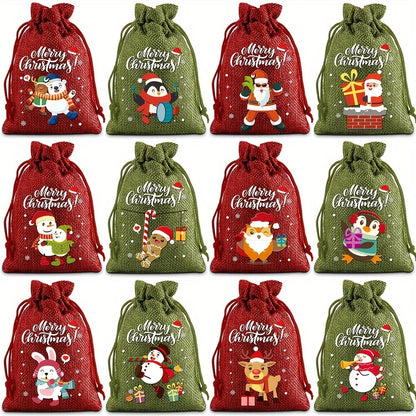 12 Christmas Burlap Cloth Bags Fabric Bags Biscuit Candy Bags Party Packaging Storage Bags Suitable For Gift Festivals 2025 New