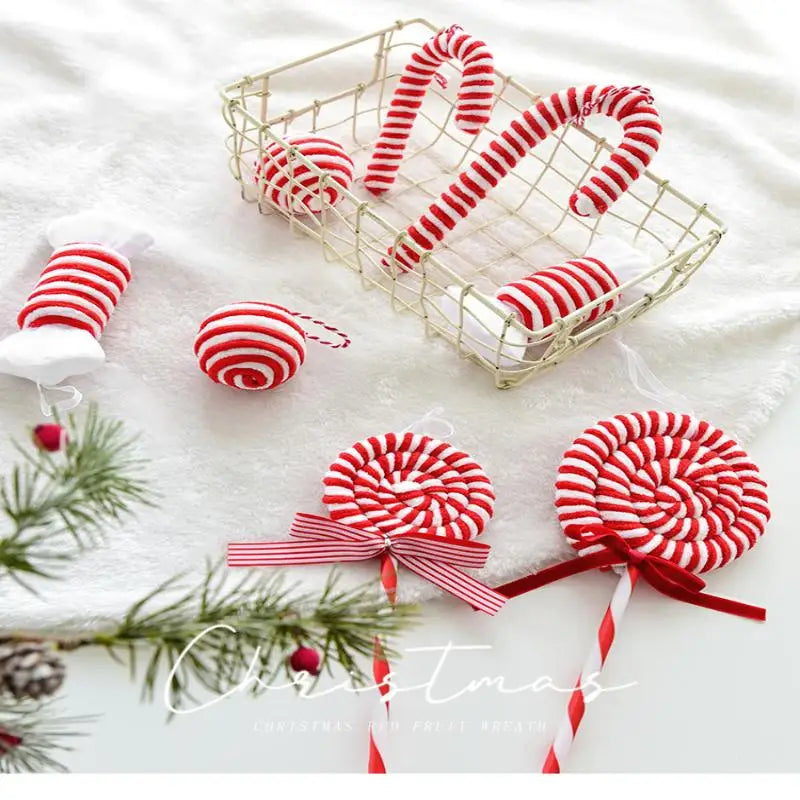 Christmas Ornaments Red And White Velvet Decorations Christmas Balls Canes Candies Christmas Trees Decorative Pendants INS Ornam