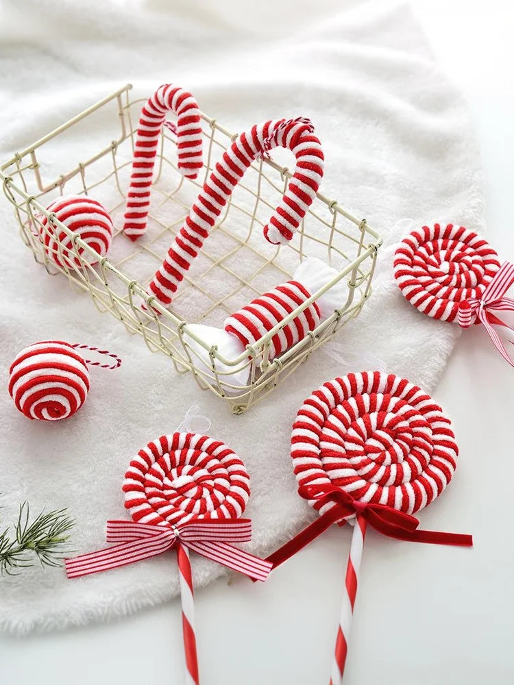 Christmas Ornaments Red And White Velvet Decorations Christmas Balls Canes Candies Christmas Trees Decorative Pendants INS Ornam