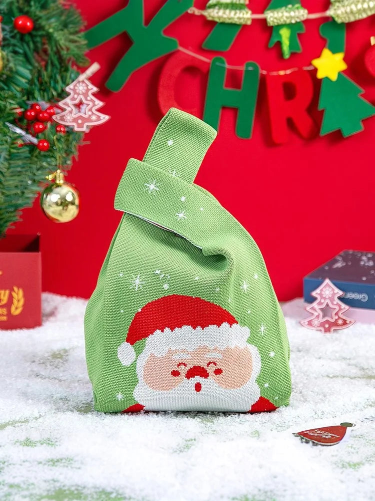 Christmas Festival Knitted Gift Bag Handheld Candy Bag Women Mini Knot Wrist Bag Cute Knitted Tote Bag Reusable Shopping Bags