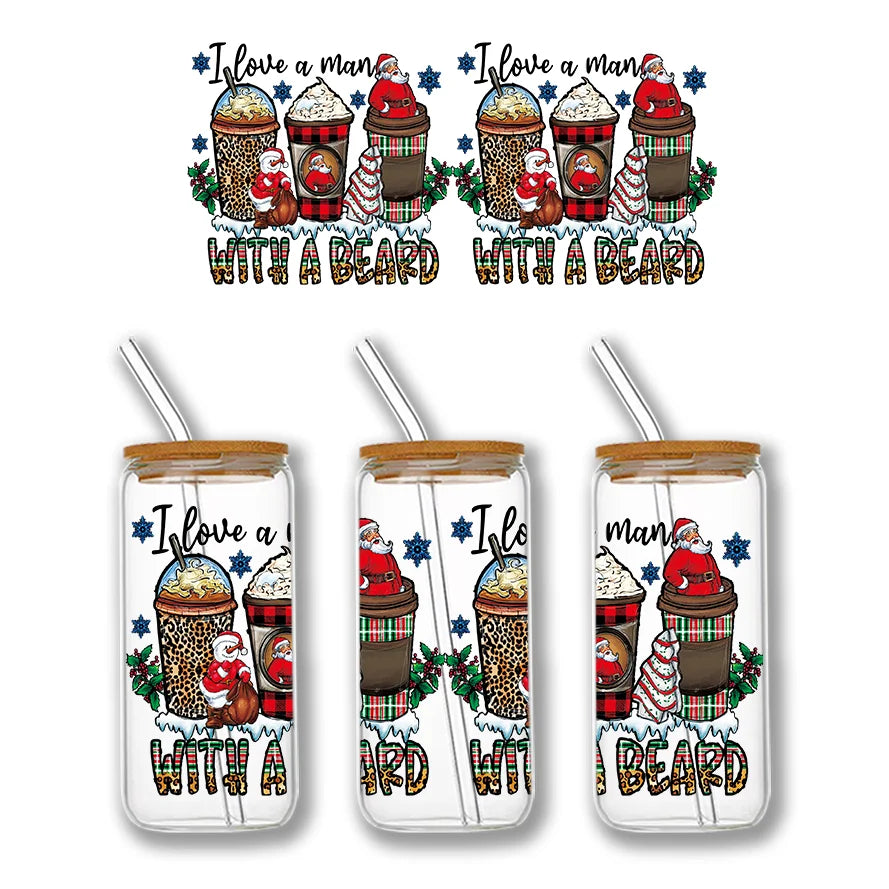 Christmas Design 3D UV DTF Wraps Stickers Cute Wraps .For 16 OZ Glass Libbey Selfadhesive Washable DIY Custom Cups Wrap Stickers