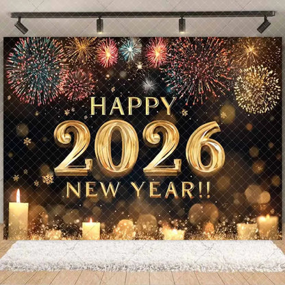 2026  Happy New Year Eve Party Decorations Black And Gold Disposable Tableware 2026 Number Balloons Family Gathering Backdrop