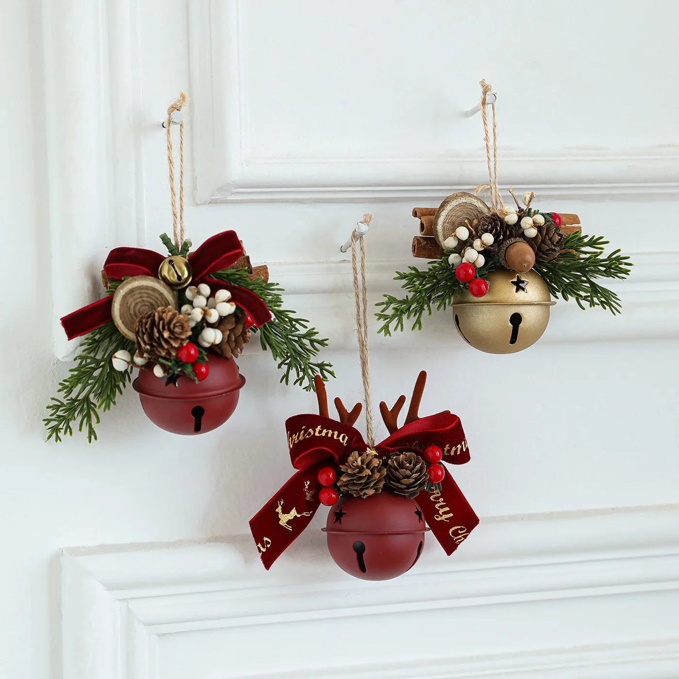 Christmas Bells Bow Antlers Red Fruit Pine Bough Pinecone Pendant Christmas Tree Jingle Bells Hanging Ornament New Year Decor