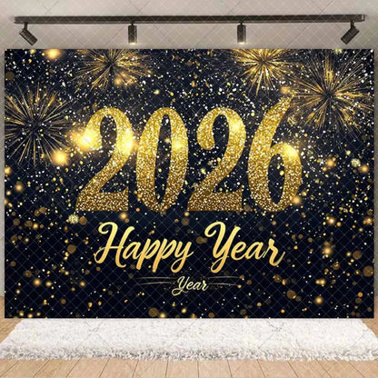 2026  Happy New Year Eve Party Decorations Black And Gold Disposable Tableware 2026 Number Balloons Family Gathering Backdrop