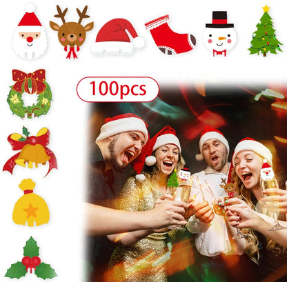 100pcs Wine Cup Card Christmas Decor Santa Hat elk  Xmas Tree Snowman Glass Cup Card table Home Decoration Christmas Accessories