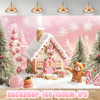 Merry Christmas Party Supplies Disposable Tableware Set Pink Gingerbread Plates Cups Banner Napkin New Year Backdrop Room Decor