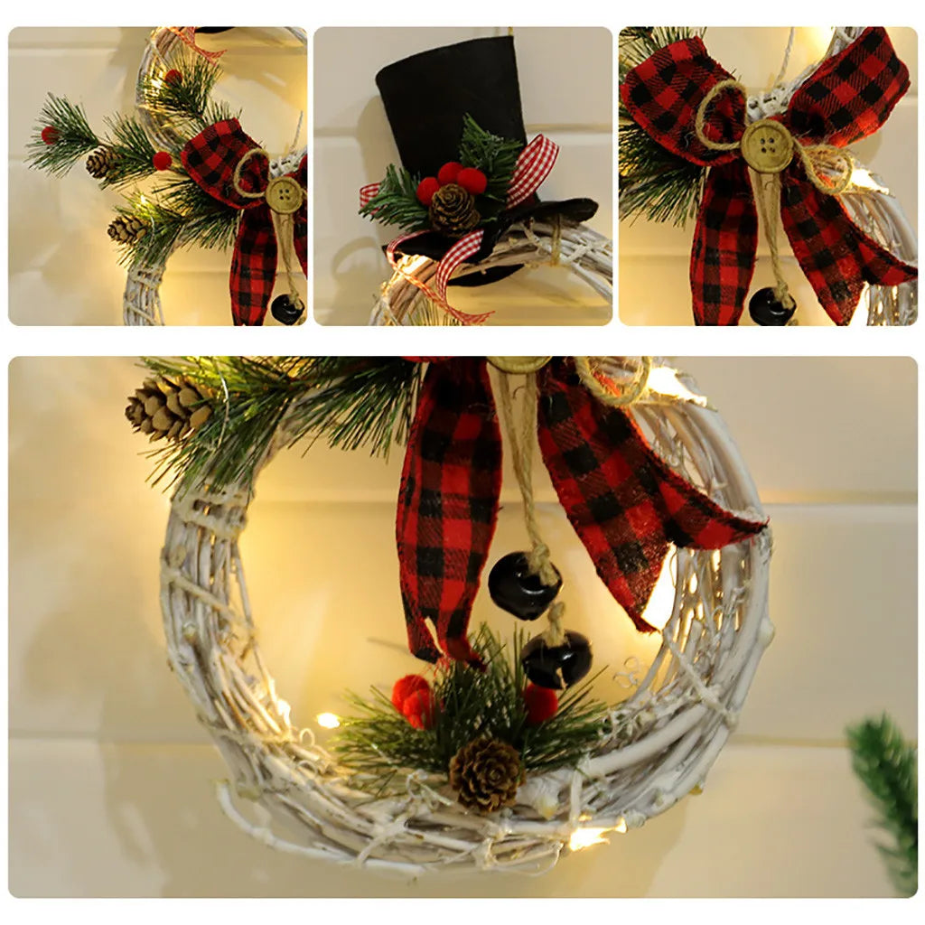 Christmas Snowman Wreath Garland Led Light Door Decoration Artificial Home Window Wall Background Door Hanging Luminous Ornament