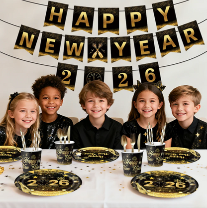 2026  Happy New Year Eve Party Decorations Black And Gold Disposable Tableware 2026 Number Balloons Family Gathering Backdrop