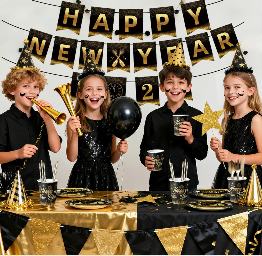 2026  Happy New Year Eve Party Decorations Black And Gold Disposable Tableware 2026 Number Balloons Family Gathering Backdrop