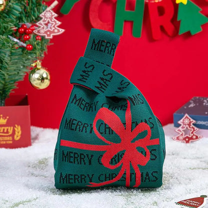 Christmas Festival Knitted Gift Bag Handheld Candy Bag Women Mini Knot Wrist Bag Cute Knitted Tote Bag Reusable Shopping Bags
