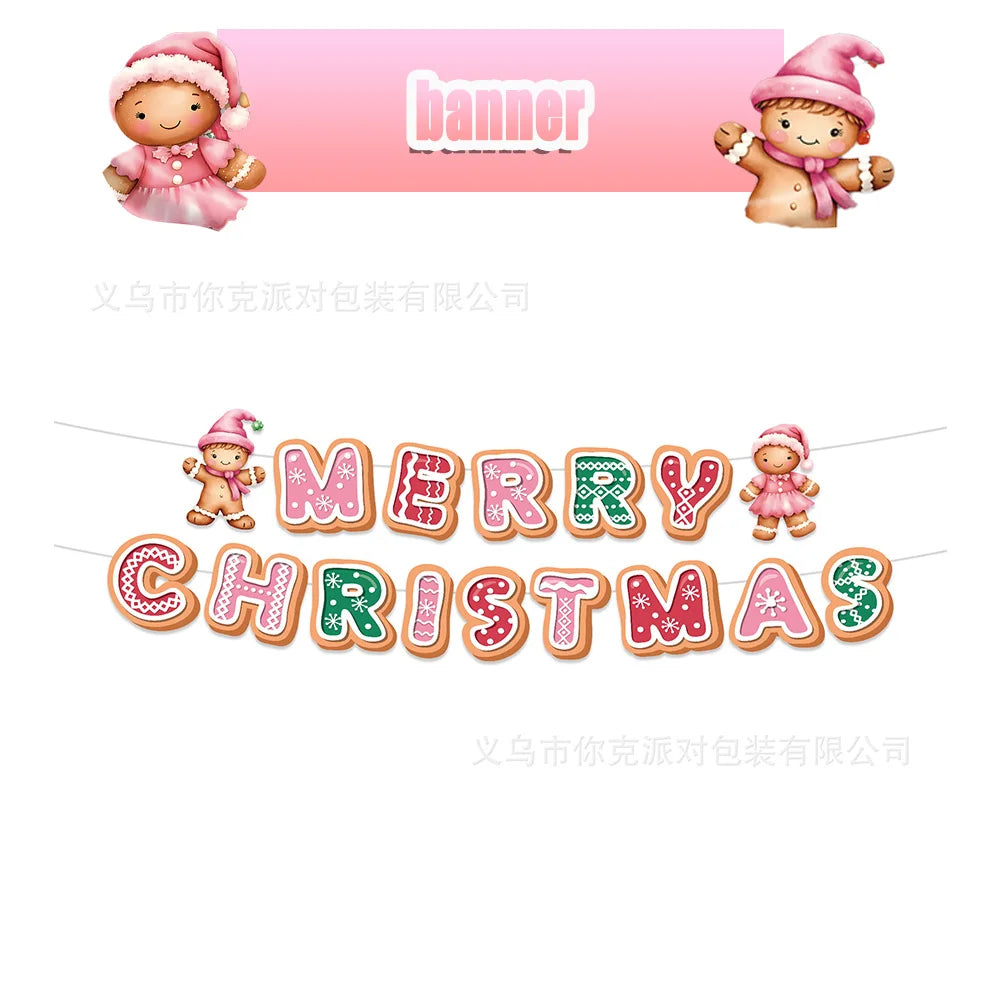 Merry Christmas Party Supplies Disposable Tableware Set Pink Gingerbread Plates Cups Banner Napkin New Year Backdrop Room Decor