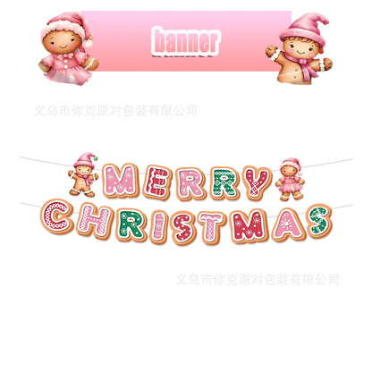 Merry Christmas Party Supplies Disposable Tableware Set Pink Gingerbread Plates Cups Banner Napkin New Year Backdrop Room Decor
