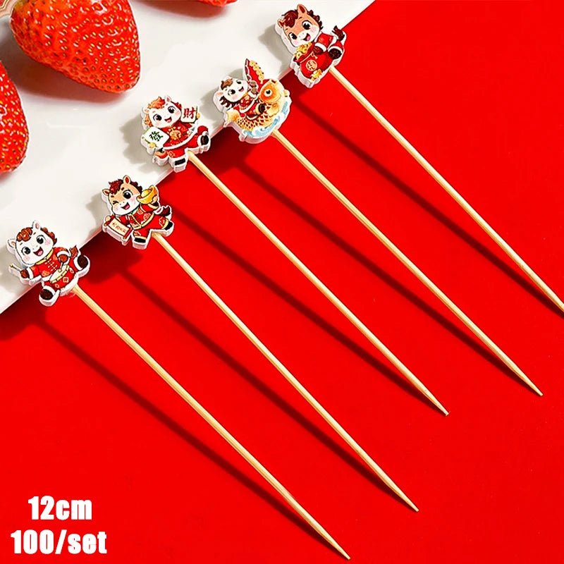 Christmas And New Year Disposable Fruit Sticks Fruit Forks Creative Art Toothpicks (100 Sticks Per Pack)