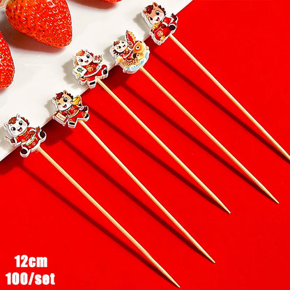 Christmas And New Year Disposable Fruit Sticks Fruit Forks Creative Art Toothpicks (100 Sticks Per Pack)