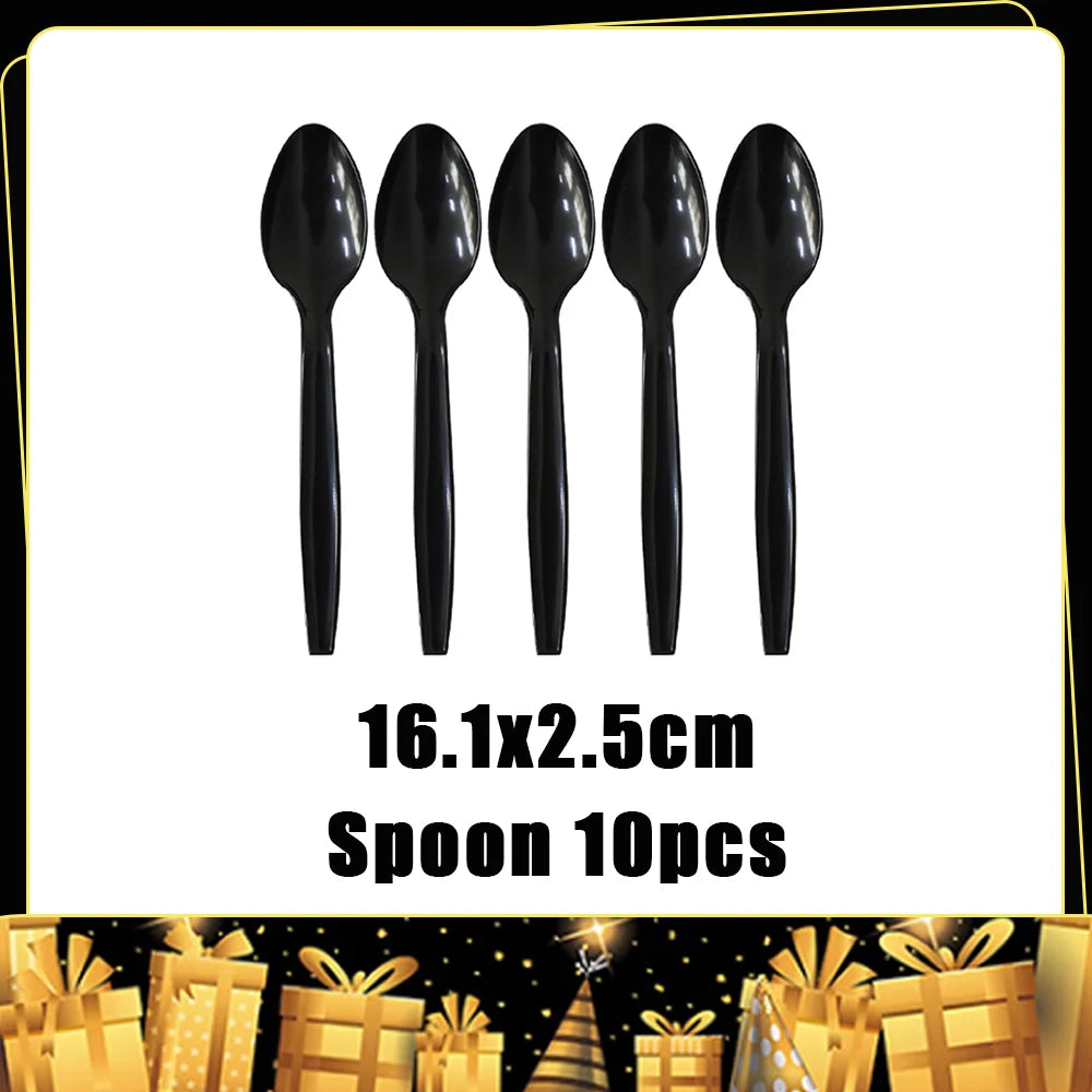 2026  Happy New Year Eve Party Decorations Black And Gold Disposable Tableware 2026 Number Balloons Family Gathering Backdrop