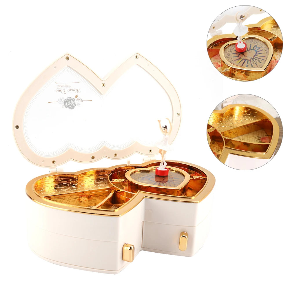 Ballet Dancer Music Box Double Heart Shaped Jewelry Storage Case Ballerina Musical Box Gift For Girls