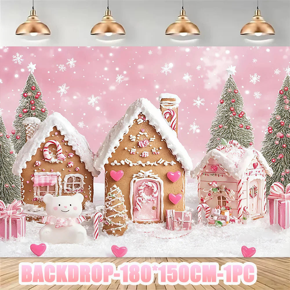 Merry Christmas Party Supplies Disposable Tableware Set Pink Gingerbread Plates Cups Banner Napkin New Year Backdrop Room Decor