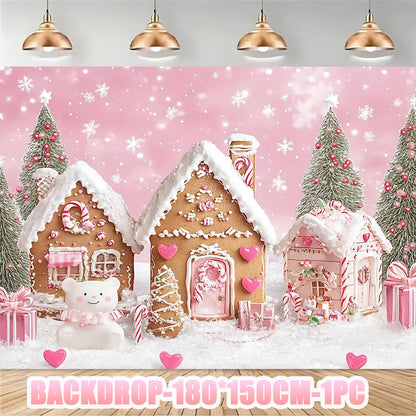 Merry Christmas Party Supplies Disposable Tableware Set Pink Gingerbread Plates Cups Banner Napkin New Year Backdrop Room Decor