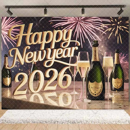 2026  Happy New Year Eve Party Decorations Black And Gold Disposable Tableware 2026 Number Balloons Family Gathering Backdrop