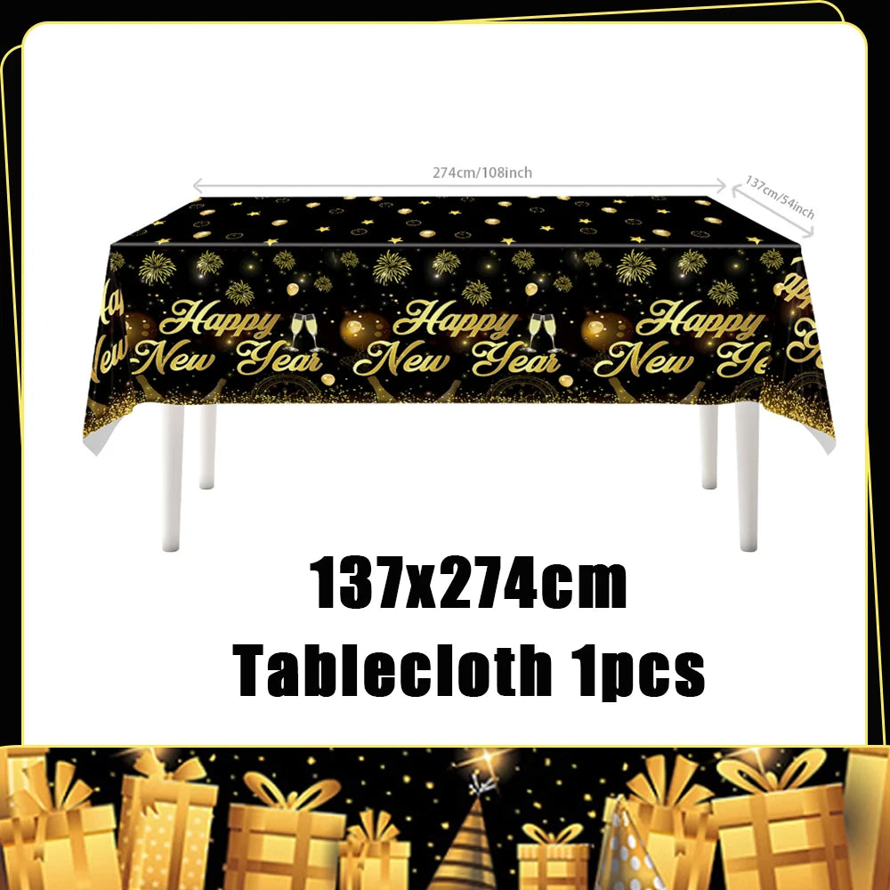2026  Happy New Year Eve Party Decorations Black And Gold Disposable Tableware 2026 Number Balloons Family Gathering Backdrop